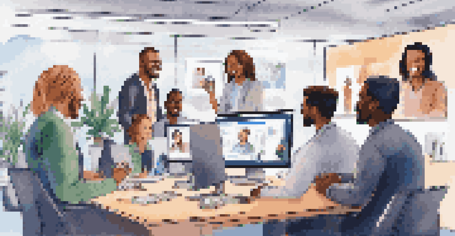 Diverse professionals participating in a video conference call with multiple computer screens, set in a modern office.