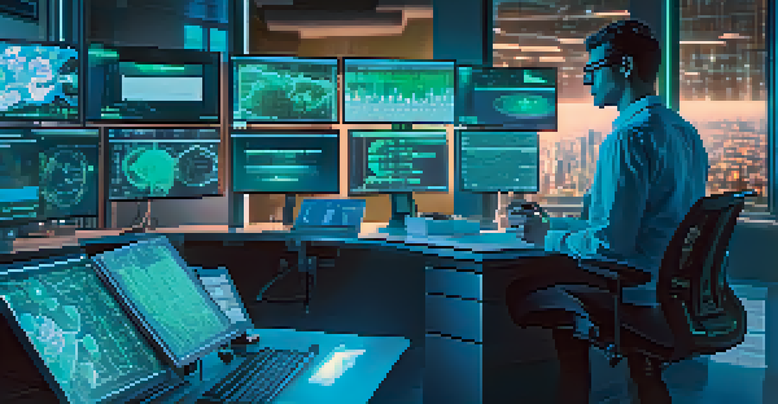 An AI data analyst in a modern office, analyzing healthcare data on multiple screens, representing the role of technology in improving patient outcomes.