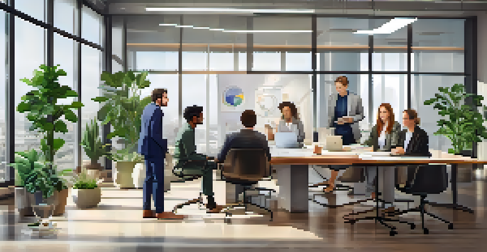A diverse group of professionals in a well-lit office discussing ideas with various emotional expressions.
