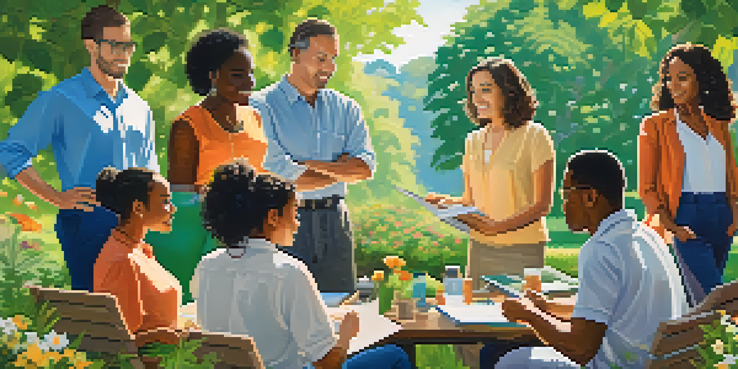 A diverse group of professionals collaborating in a park, surrounded by greenery and flowers, symbolizing teamwork and inclusion.