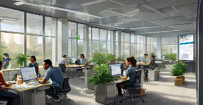 A bright office with employees participating in a safety training session, surrounded by safety posters and natural light.