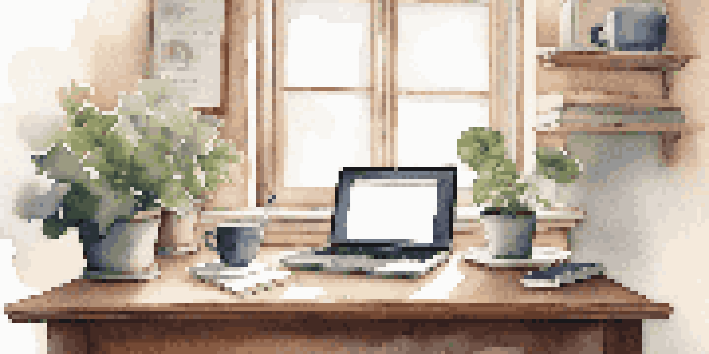 A calm and organized workspace featuring a laptop, notebook, and coffee cup with natural light and a small plant.