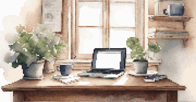 A calm and organized workspace featuring a laptop, notebook, and coffee cup with natural light and a small plant.