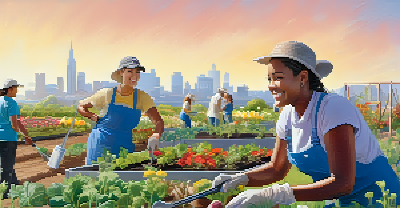 A person volunteering in a community garden, planting flowers and vegetables.