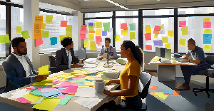 A diverse group of employees collaborating in a well-lit office, surrounded by colorful post-it notes.