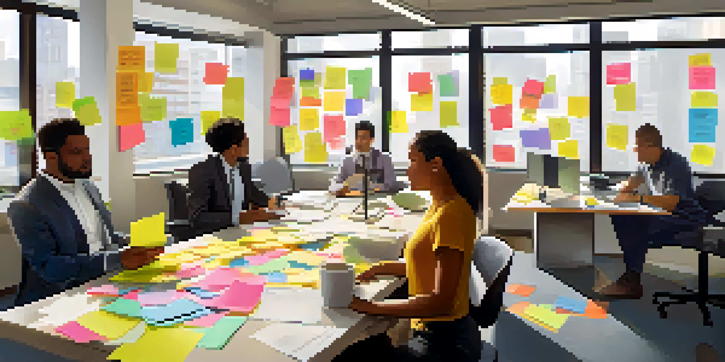 A diverse group of employees collaborating in a well-lit office, surrounded by colorful post-it notes.