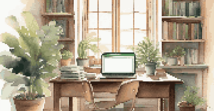 A peaceful workspace with a laptop, books, and a plant, illuminated by soft morning light.