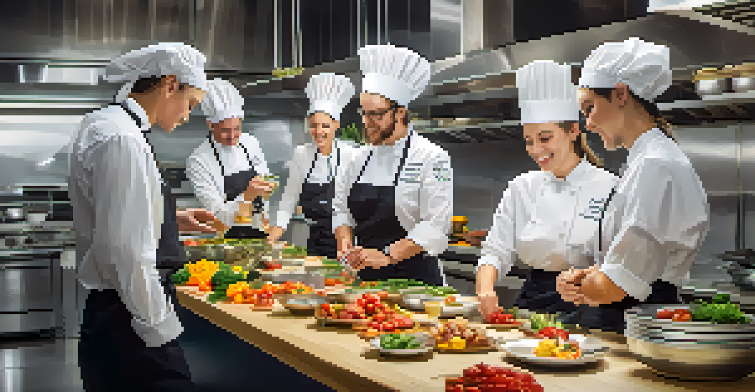 A modern kitchen environment with team members collaborating on a cooking project, showcasing fresh ingredients and vibrant kitchenware.