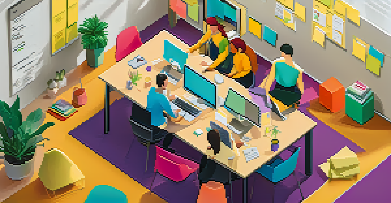 An overhead view of a collaborative workspace with individuals sharing ideas and discussing around sticky notes and laptops.