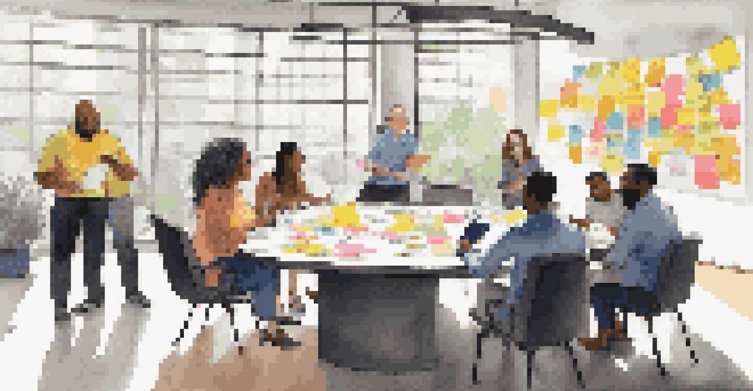 A group of diverse professionals collaborating and brainstorming around a round table in a bright, well-lit meeting room.