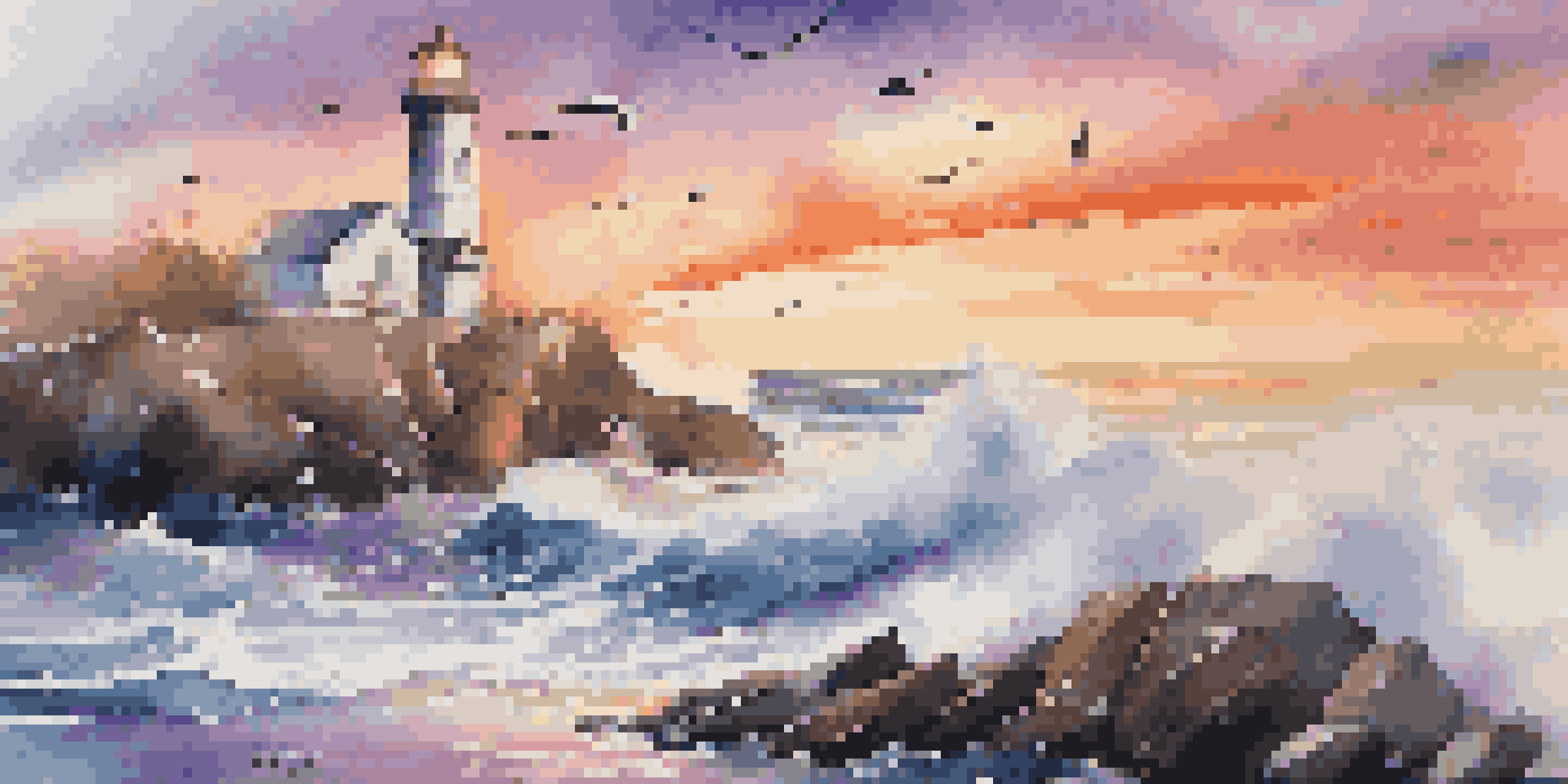 A lighthouse on a rocky shore at sunset with colorful skies and crashing waves.