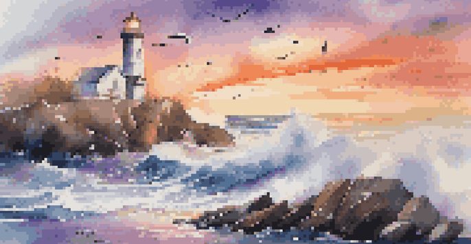 A lighthouse on a rocky shore at sunset with colorful skies and crashing waves.
