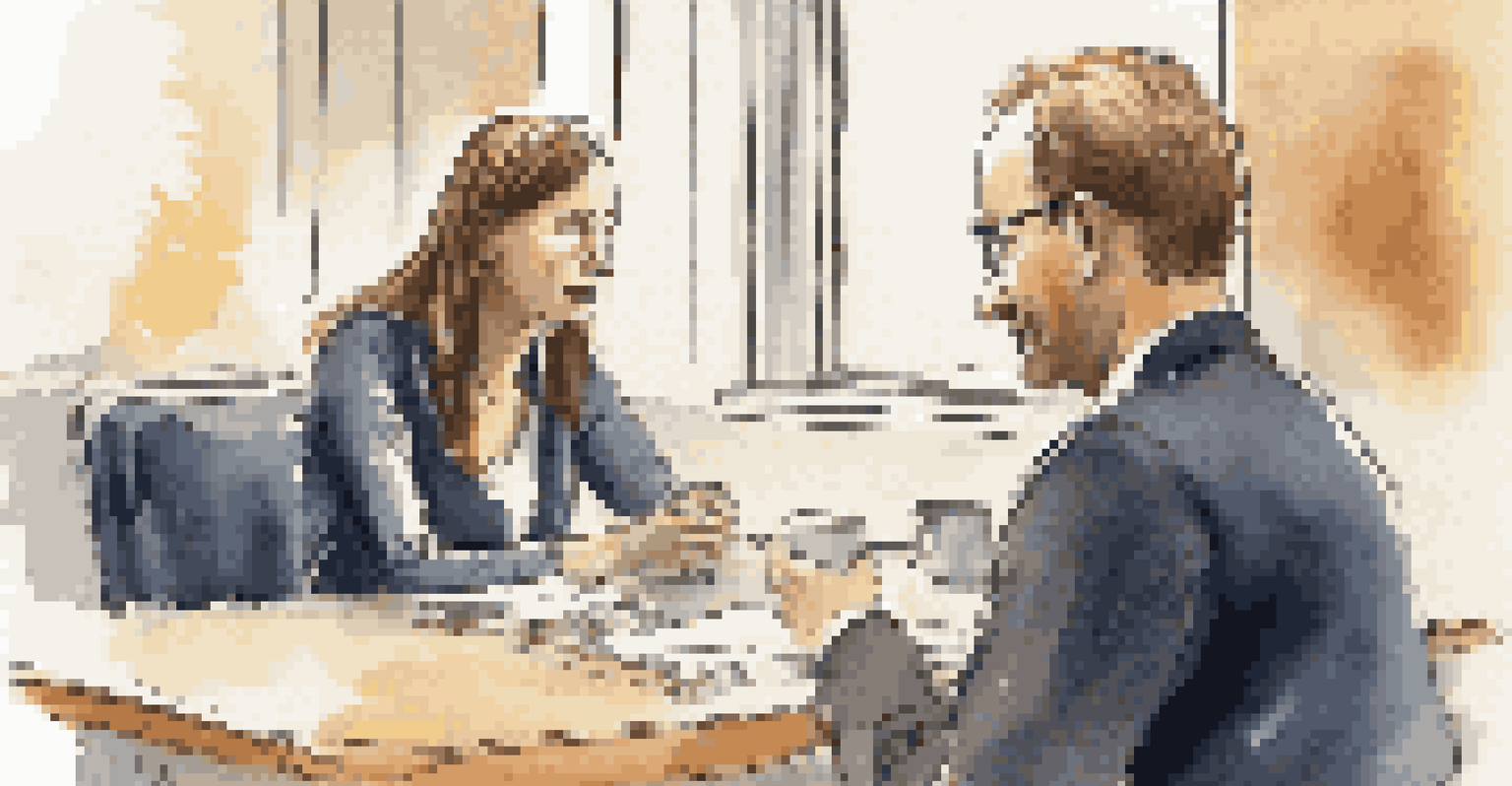 Two colleagues in a close-up meeting, one listening attentively while the other speaks, in a cozy conference room.
