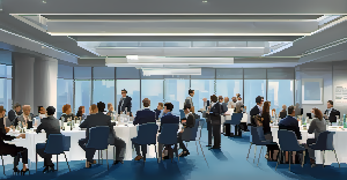 A vibrant networking event in a modern conference room with attendees shaking hands and exchanging business cards.