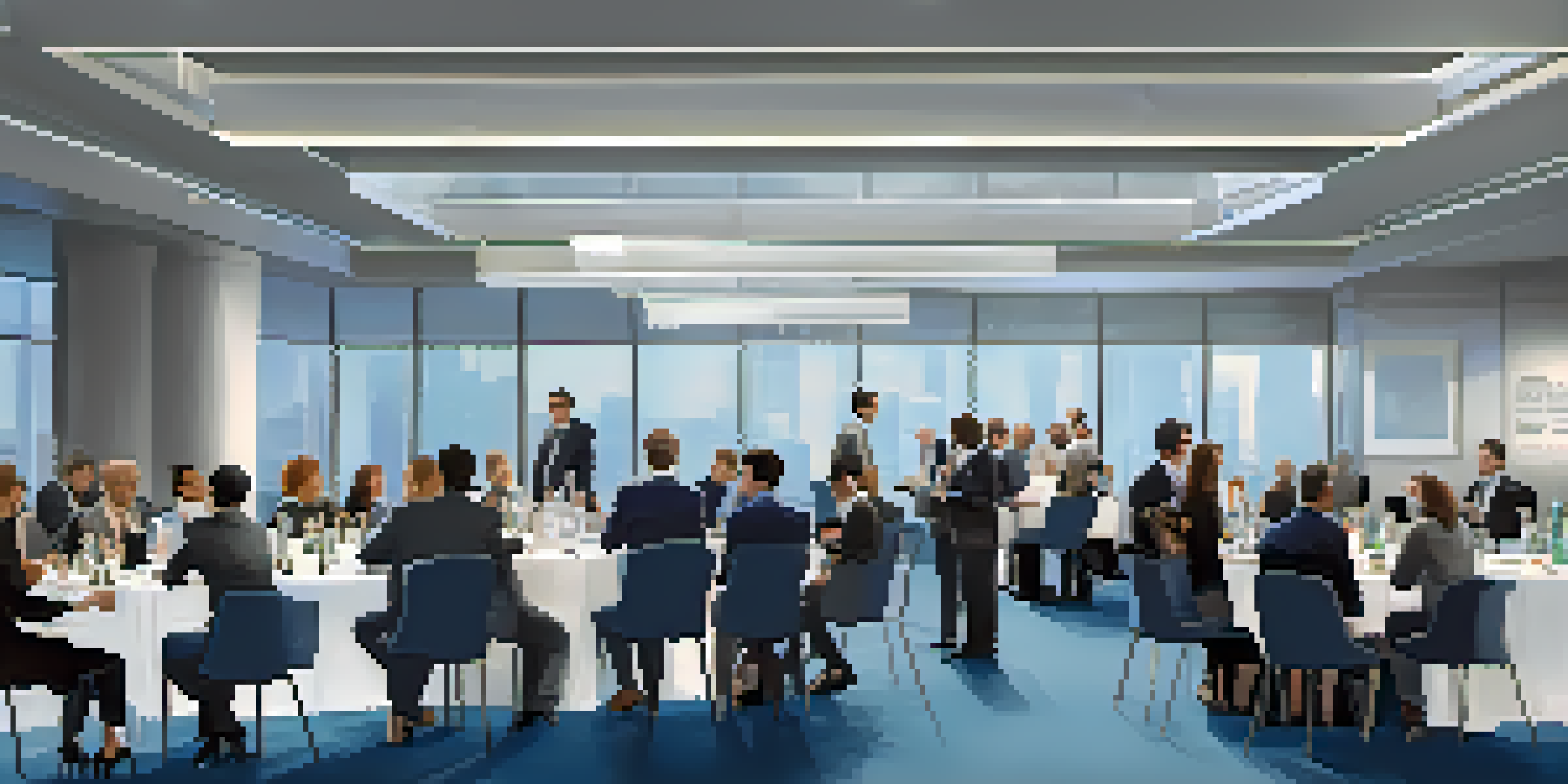 A vibrant networking event in a modern conference room with attendees shaking hands and exchanging business cards.