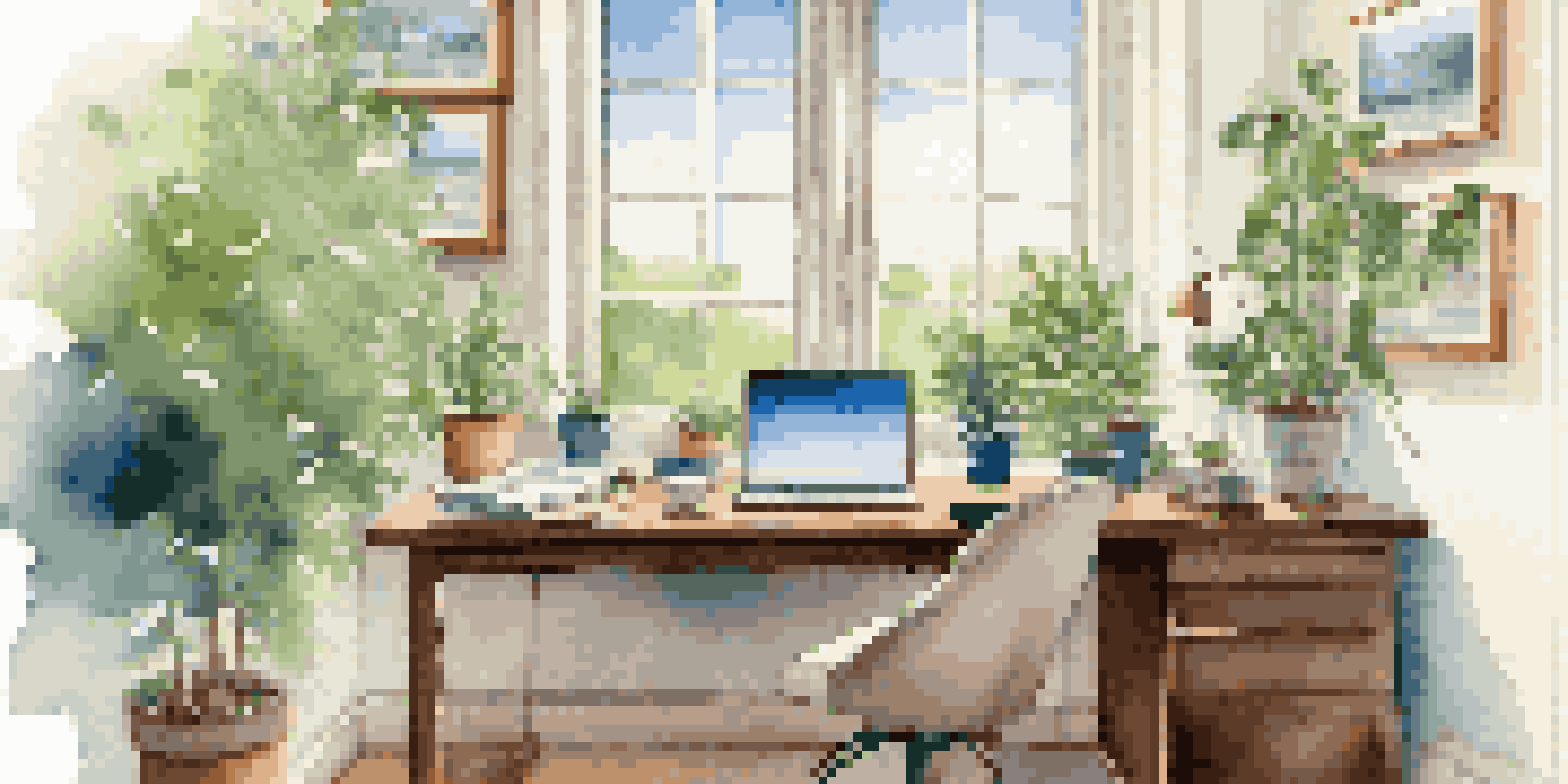 A peaceful office space with a desk, laptop, and plant, bathed in natural light from a window showing greenery outside.
