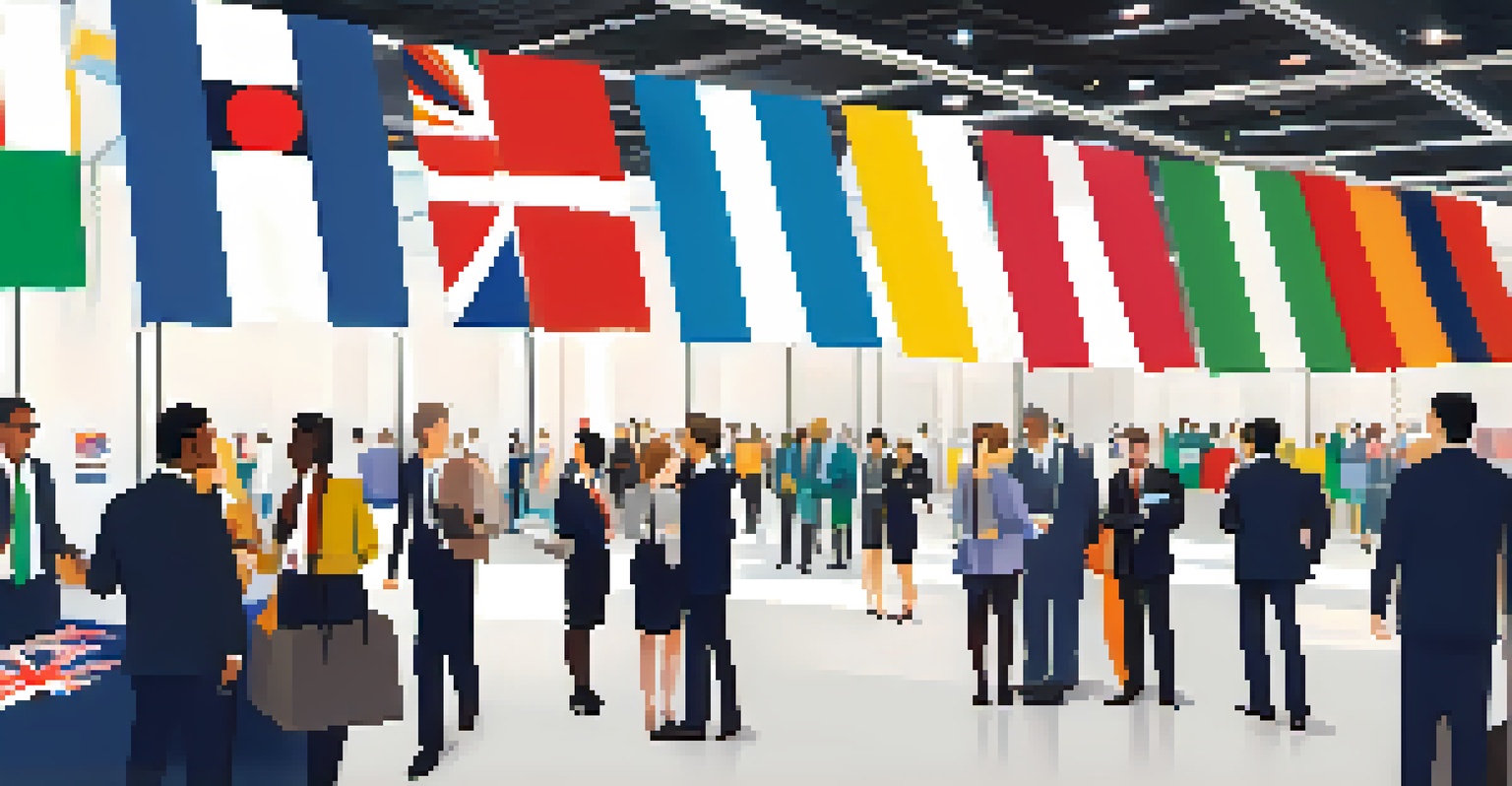 A lively job fair with diverse candidates and recruiters at different international booths.