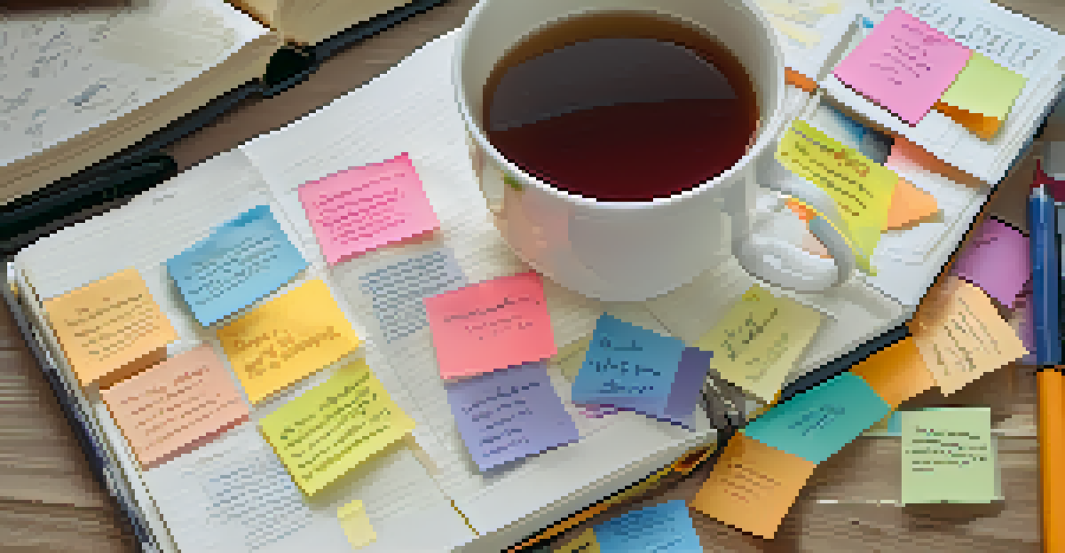 A planner with handwritten notes and colorful sticky notes on a cozy blanket, next to a cup of tea.