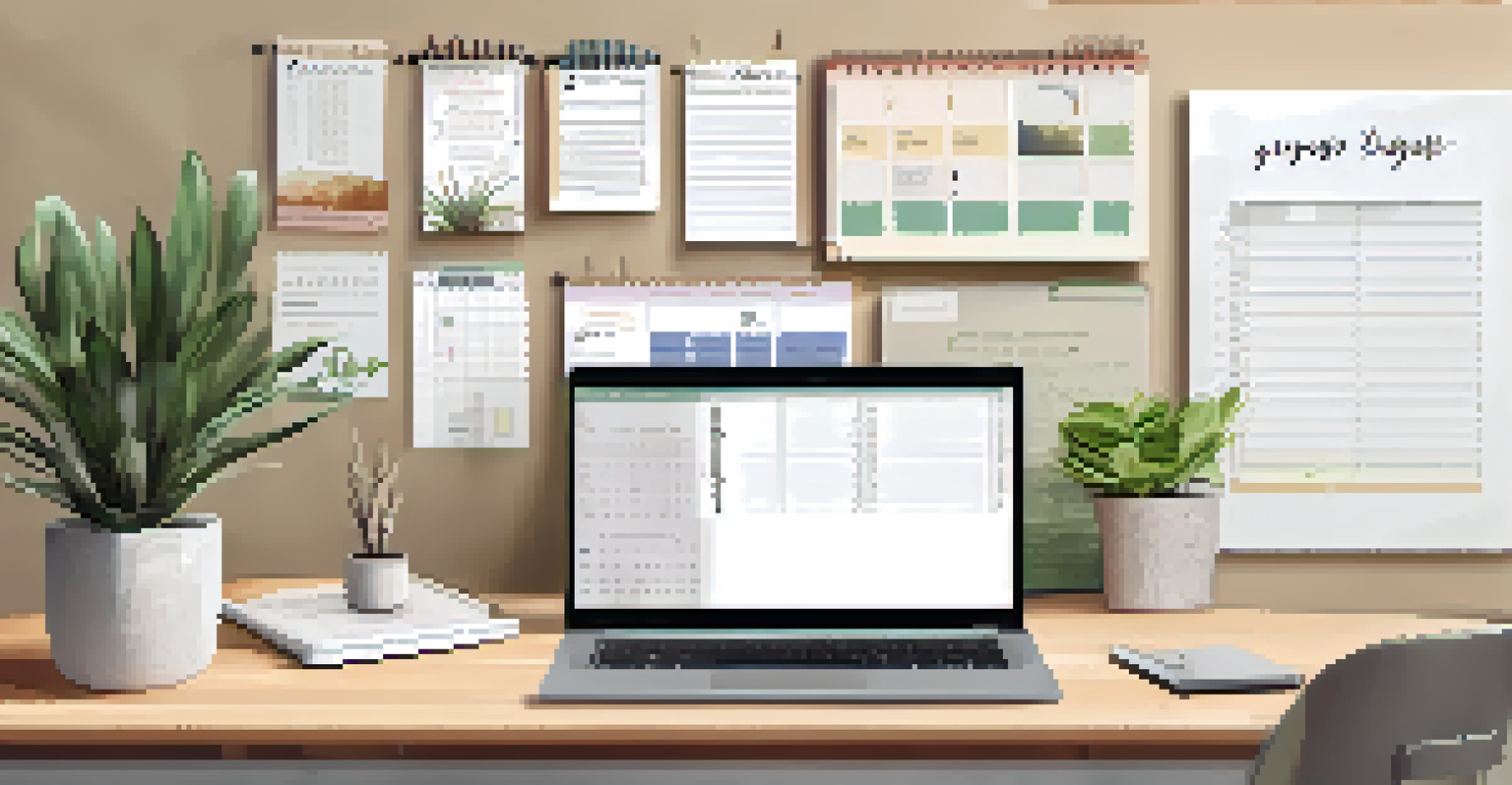 A desk with a laptop showing a digital planner, motivational quotes on wall, and a plant in the corner.