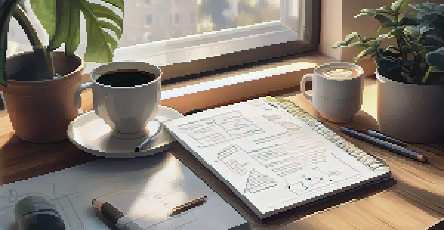 A notepad with notes and diagrams about transferable skills is placed on a desk with a laptop and a coffee cup, illuminated by morning light.