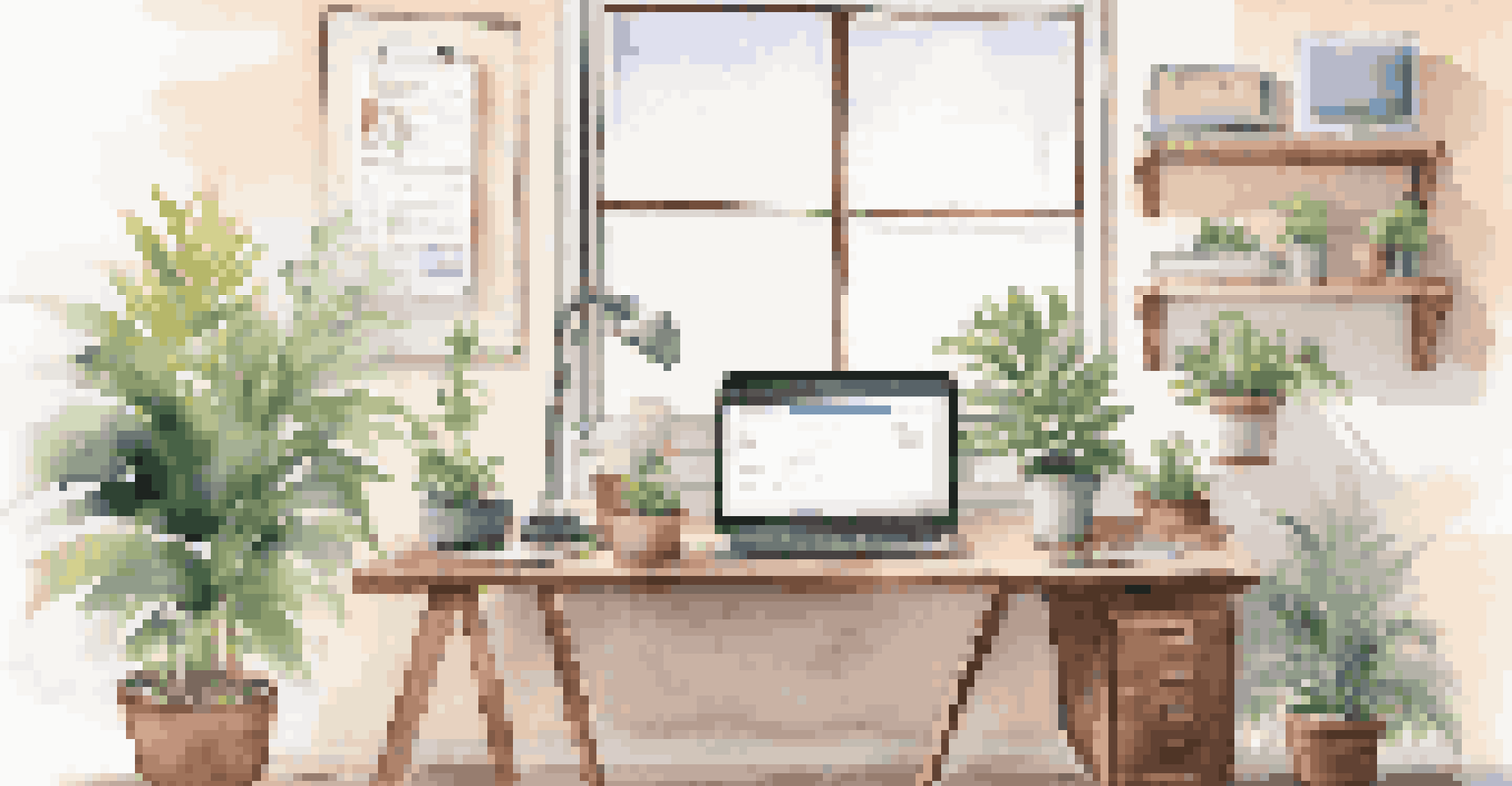 A workspace featuring a computer with a job board webpage, surrounded by potted plants and motivational quotes on the wall.