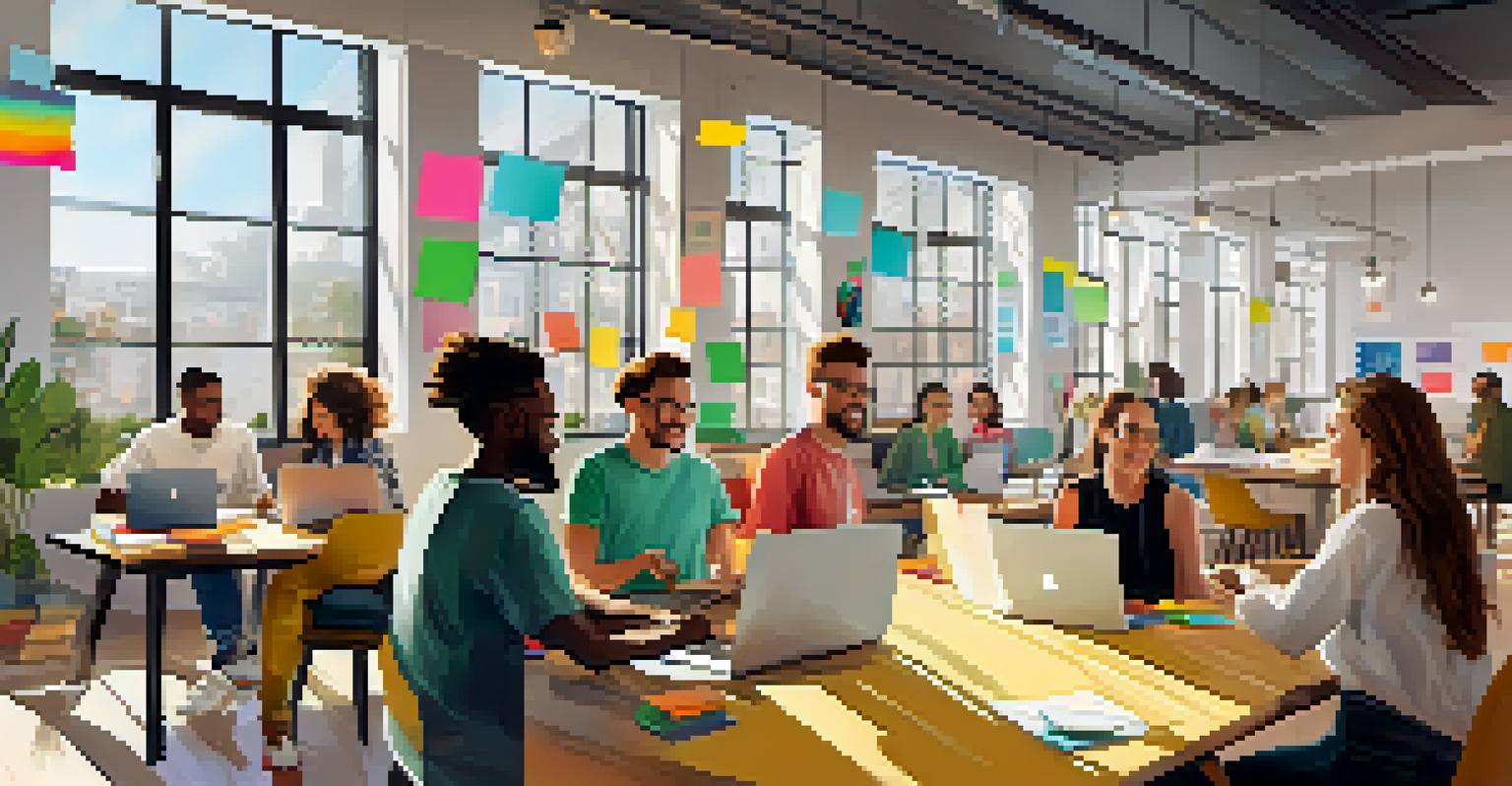A diverse group of freelancers working together in a colorful co-working space with laptops and sticky notes.