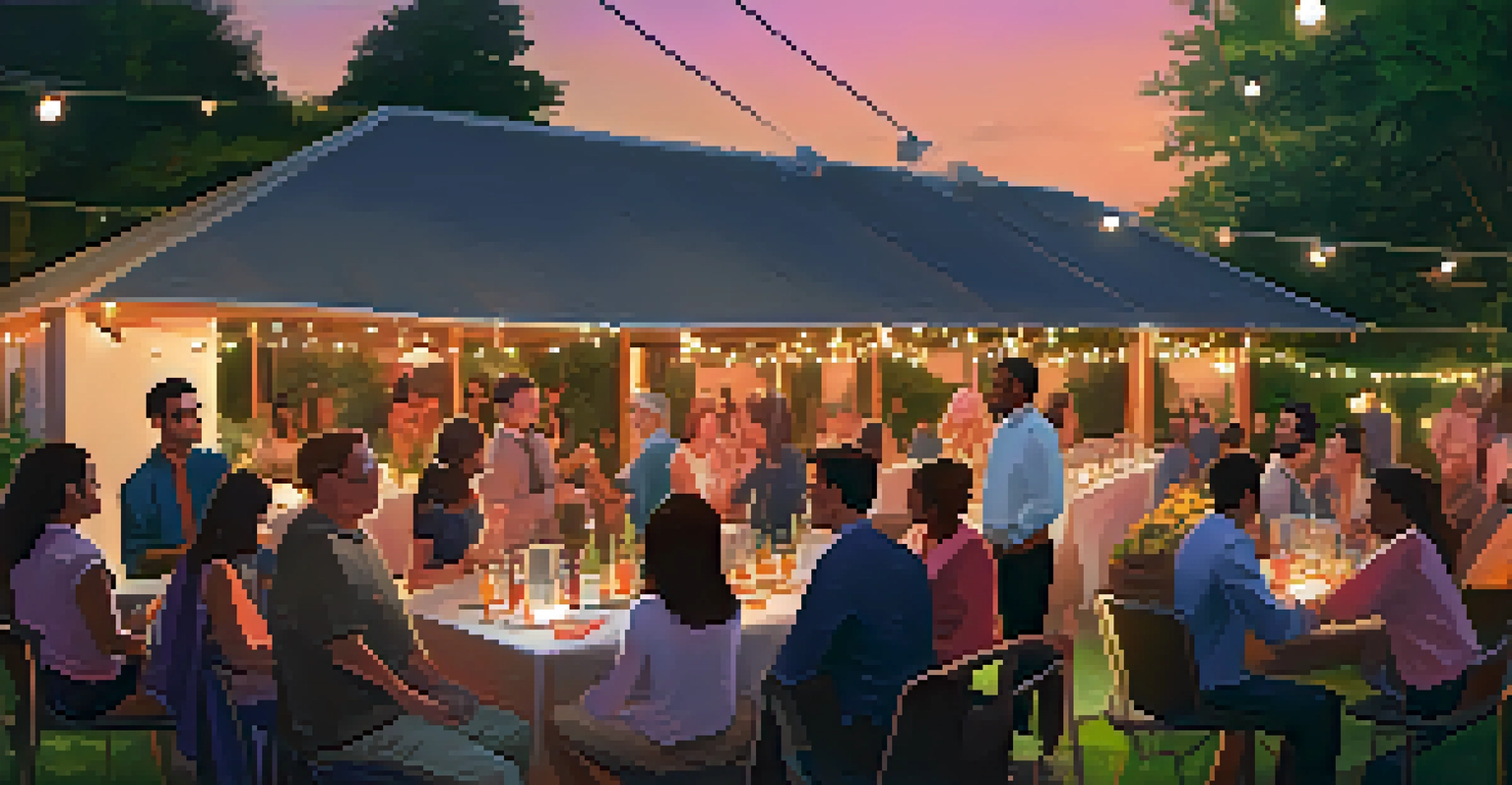 Professionals networking in a garden at sunset, with string lights illuminating the scene.