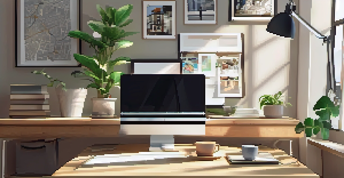 A warm and inviting home office space with a laptop, a plant, and inspirational artwork on the wall.