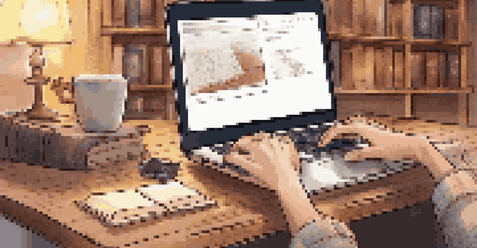 Close-up of an employee's hands typing on a laptop with a notebook and coffee cup on a wooden desk, surrounded by warm lighting and books.