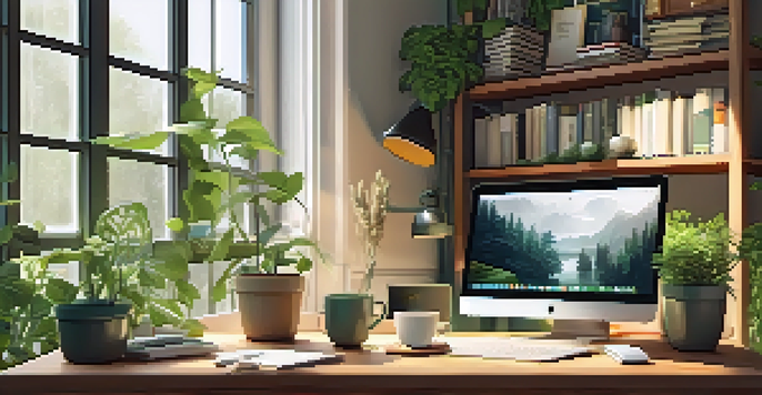 A calm home office environment with a wooden desk, laptop, tea, and plants, illuminated by soft sunlight.