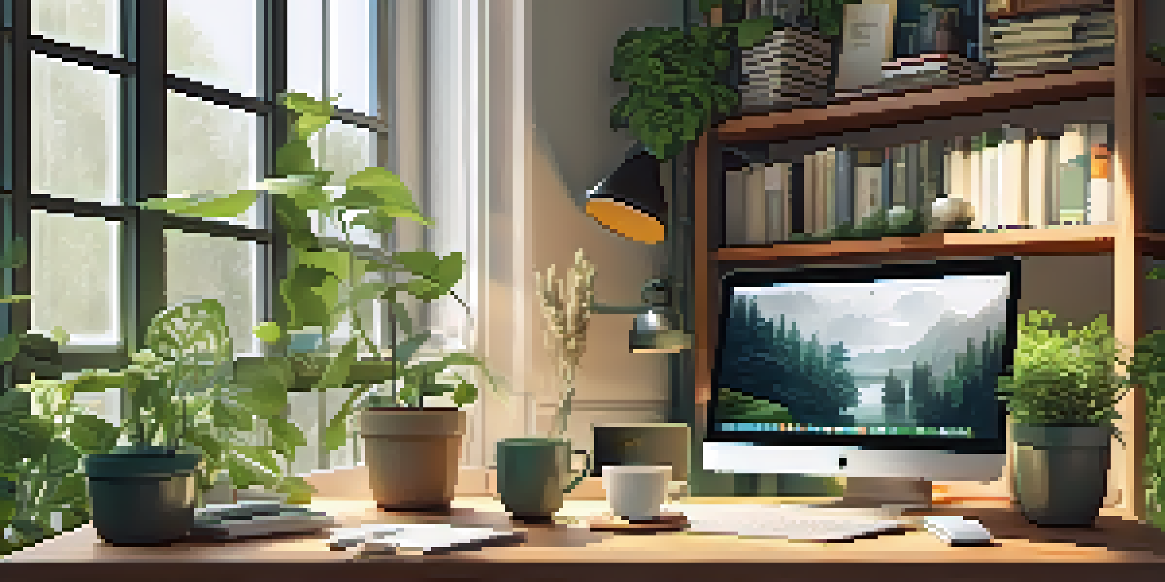 A calm home office environment with a wooden desk, laptop, tea, and plants, illuminated by soft sunlight.
