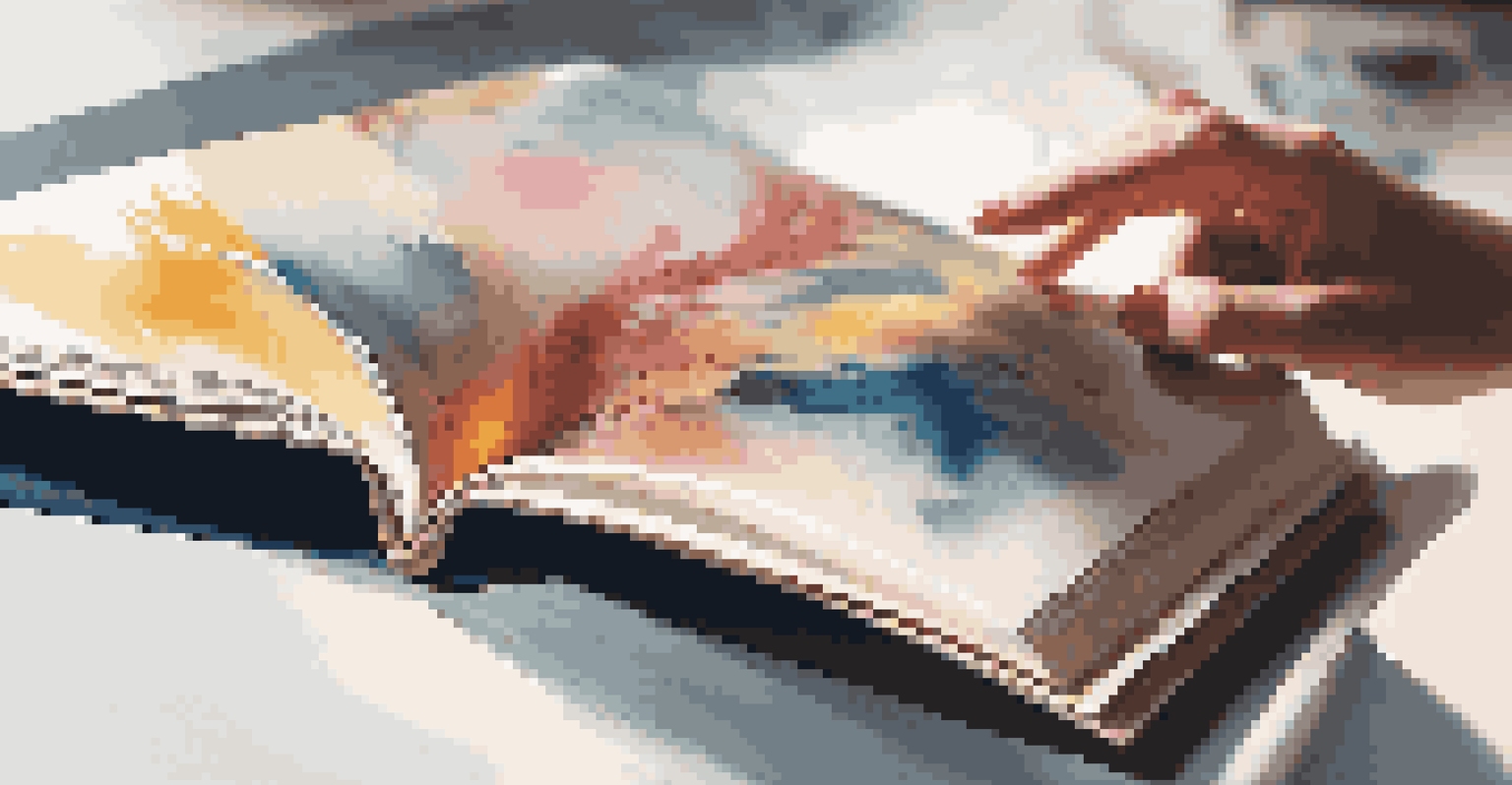 A close-up view of a hand flipping through a colorful portfolio book with vibrant artwork.