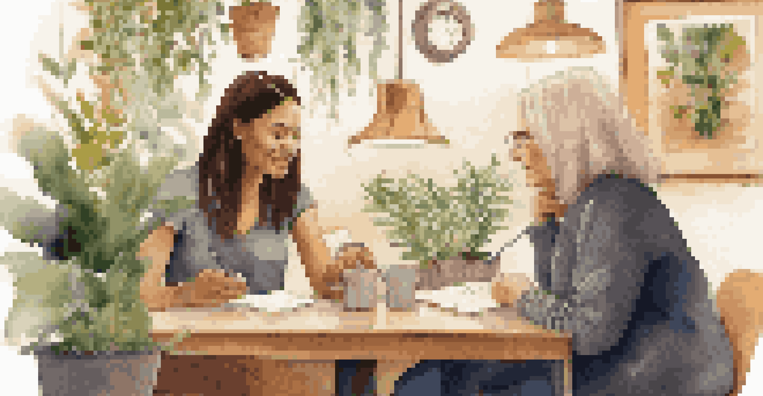 A young woman and her mentor having a deep conversation in a cozy café, surrounded by plants and warm lighting.