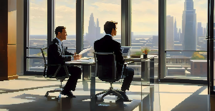 A job candidate in a suit and an employer discussing at a modern office desk with a cityscape in the background, illuminated by soft natural light.