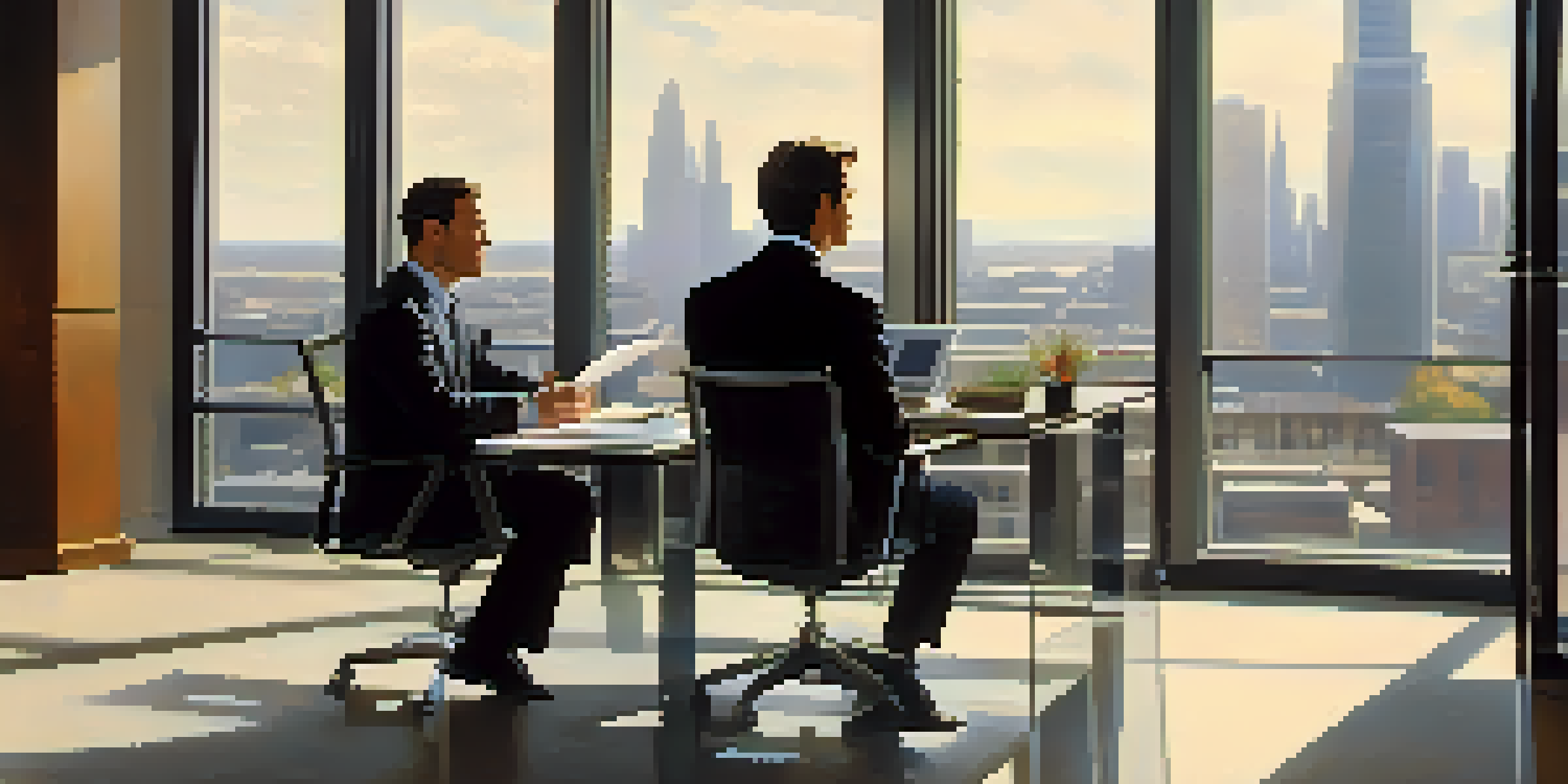 A job candidate in a suit and an employer discussing at a modern office desk with a cityscape in the background, illuminated by soft natural light.