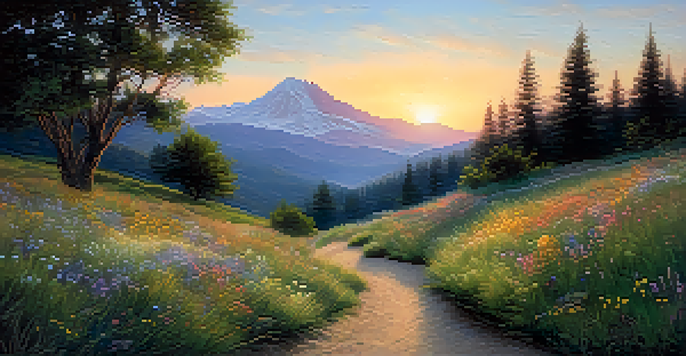 A peaceful sunrise scene with mountains, a winding path, and a meadow with wildflowers.