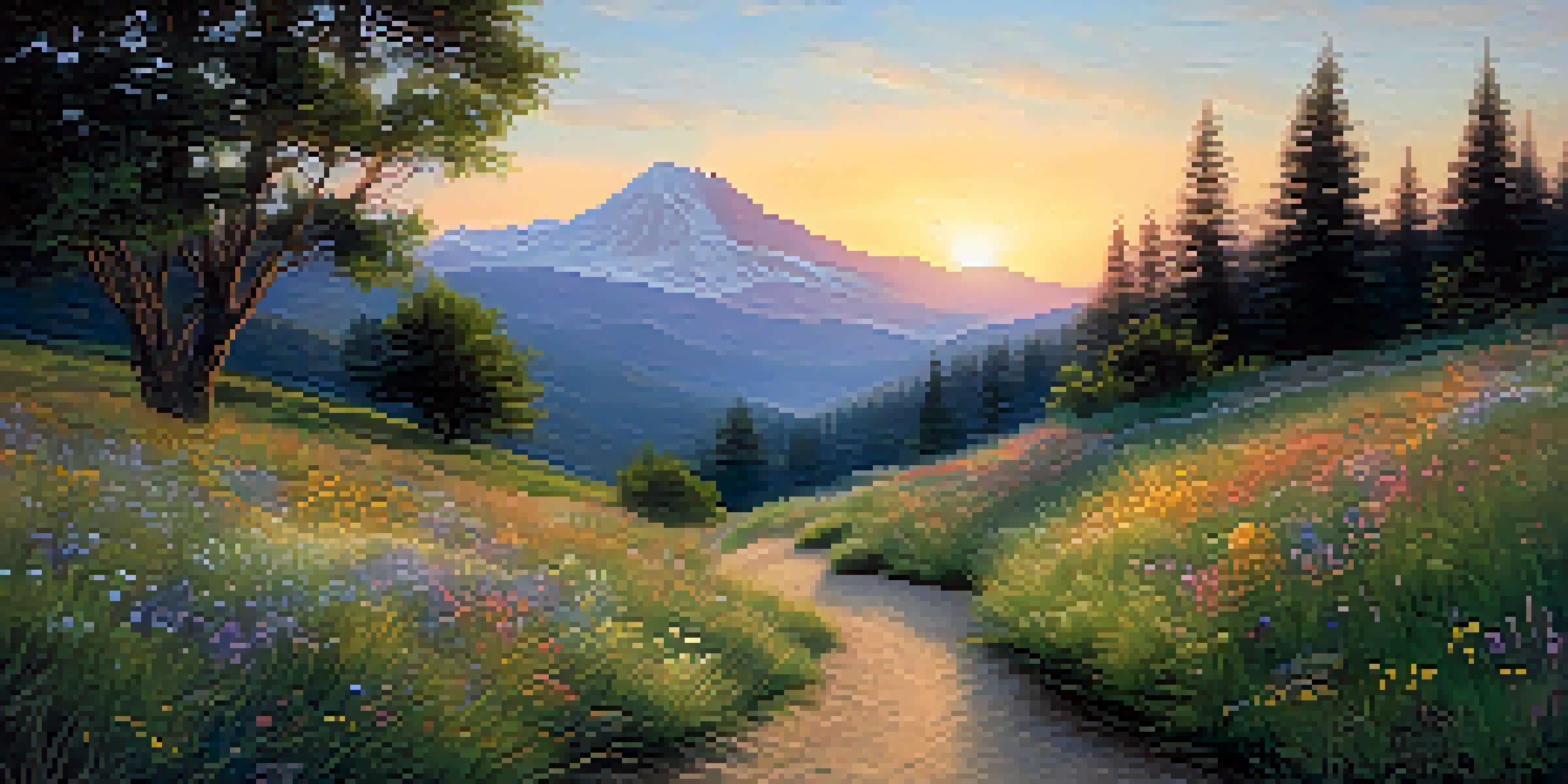 A peaceful sunrise scene with mountains, a winding path, and a meadow with wildflowers.
