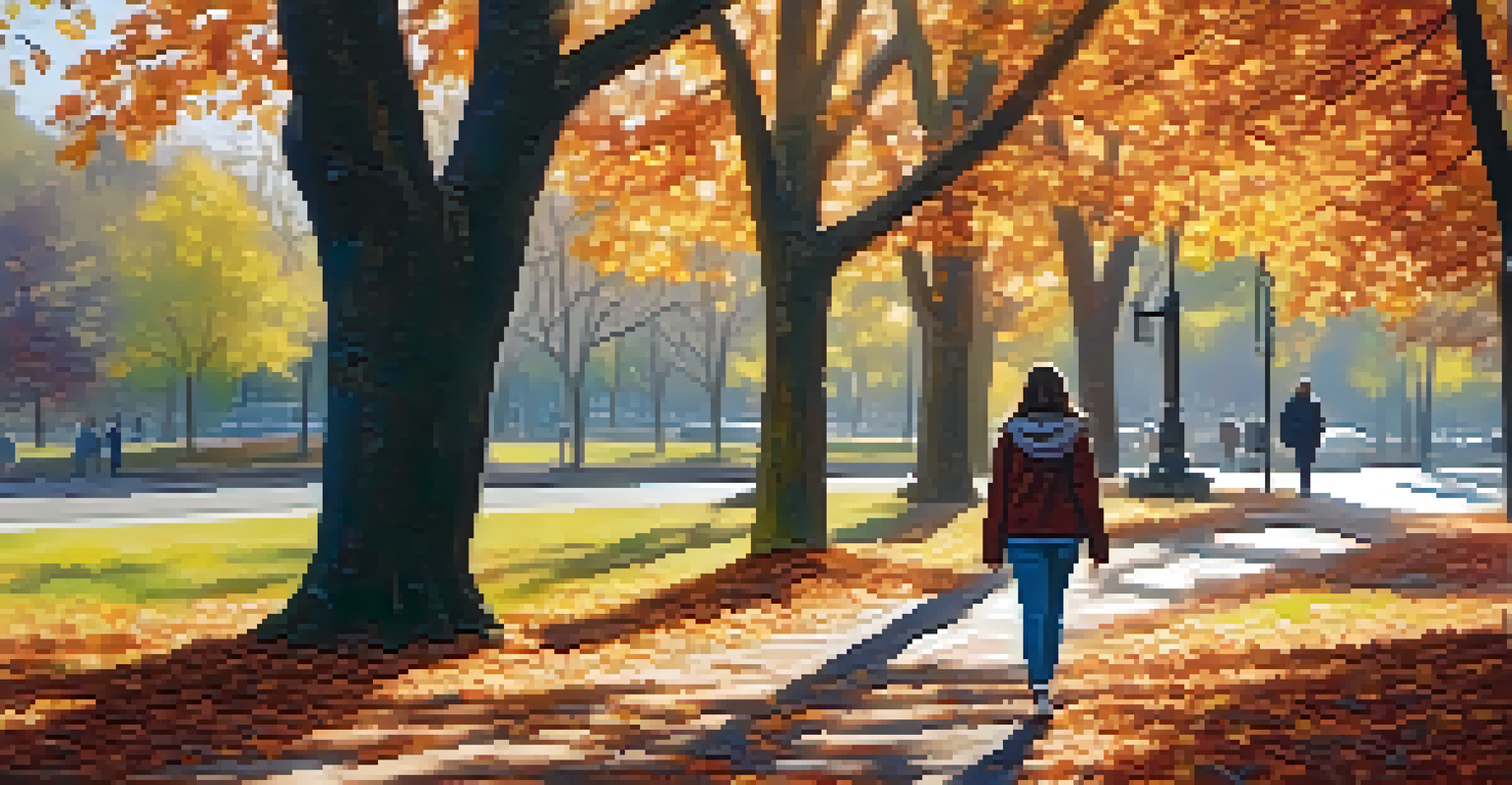 A person walking mindfully in an autumn park, surrounded by colorful leaves and dappled sunlight.