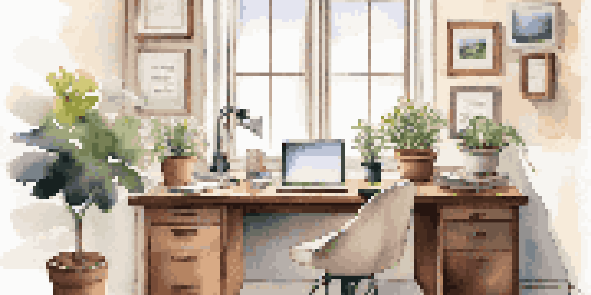 A clean and organized office desk with a plant and natural light, creating a peaceful working environment.