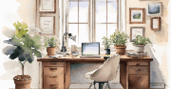 A clean and organized office desk with a plant and natural light, creating a peaceful working environment.