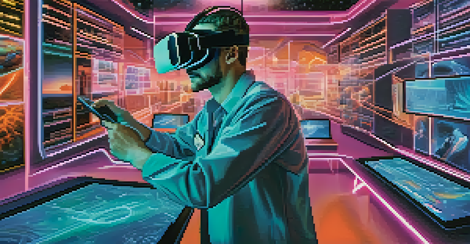 A person wearing a virtual reality headset surrounded by holographic displays of different careers, illustrating a futuristic career exploration experience.