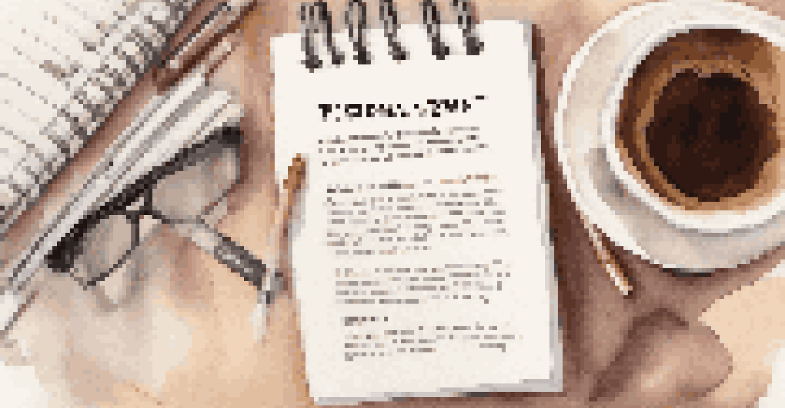 A close-up of a personal brand statement on a notepad, with a coffee cup and glasses in the background.