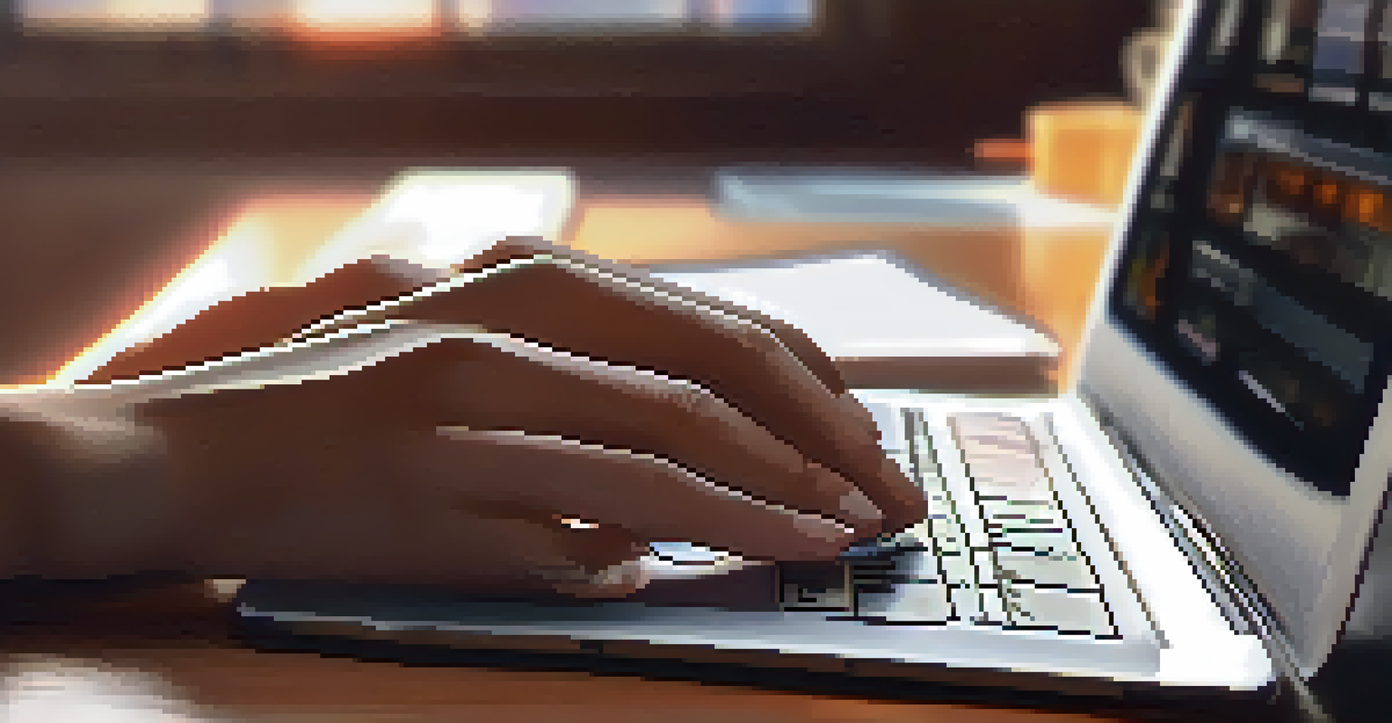 A close-up of a hand typing on a laptop in a cozy workspace with a notepad and coffee mug.