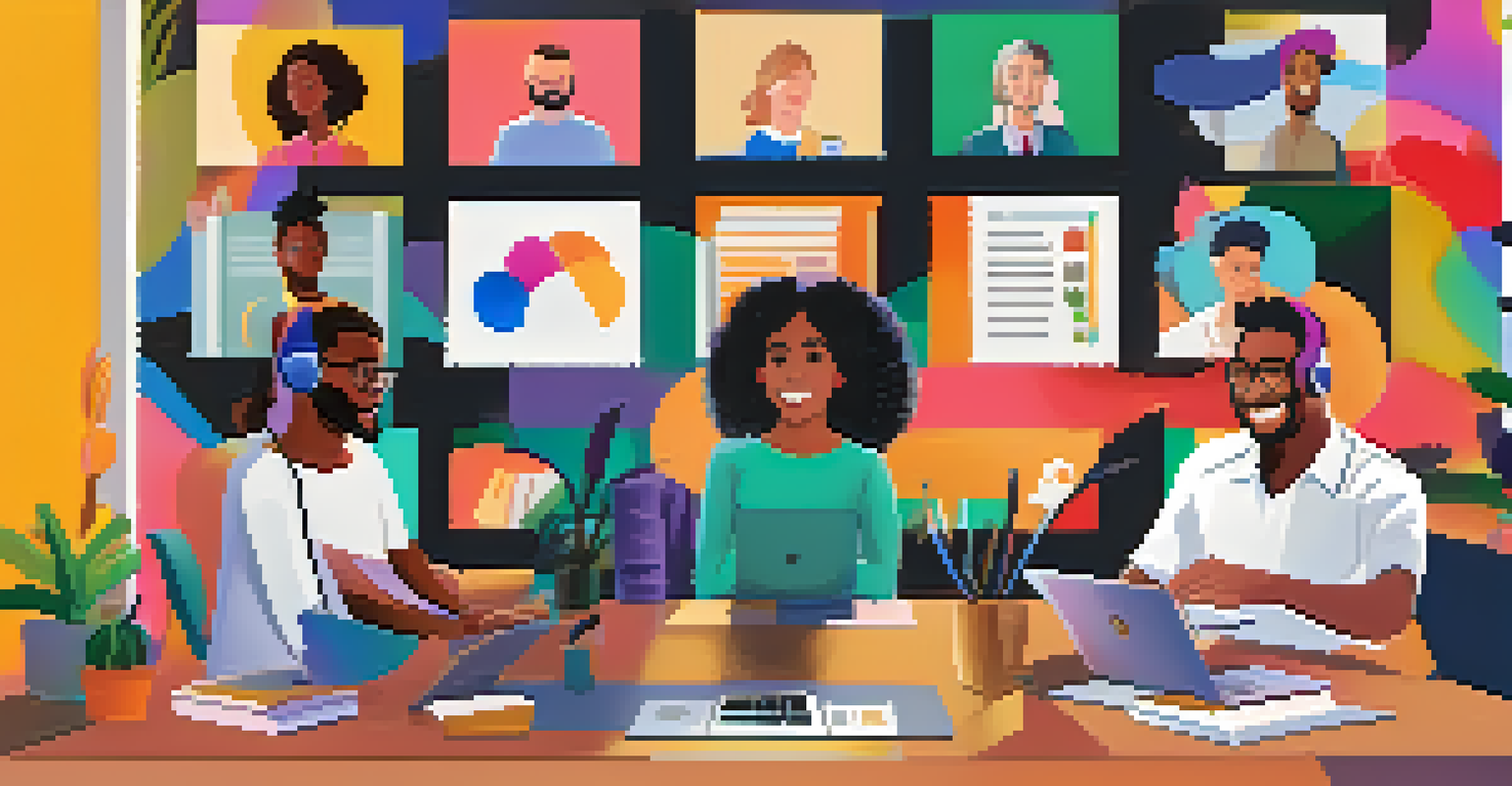 A diverse group of people participating in a virtual meeting on a large screen.
