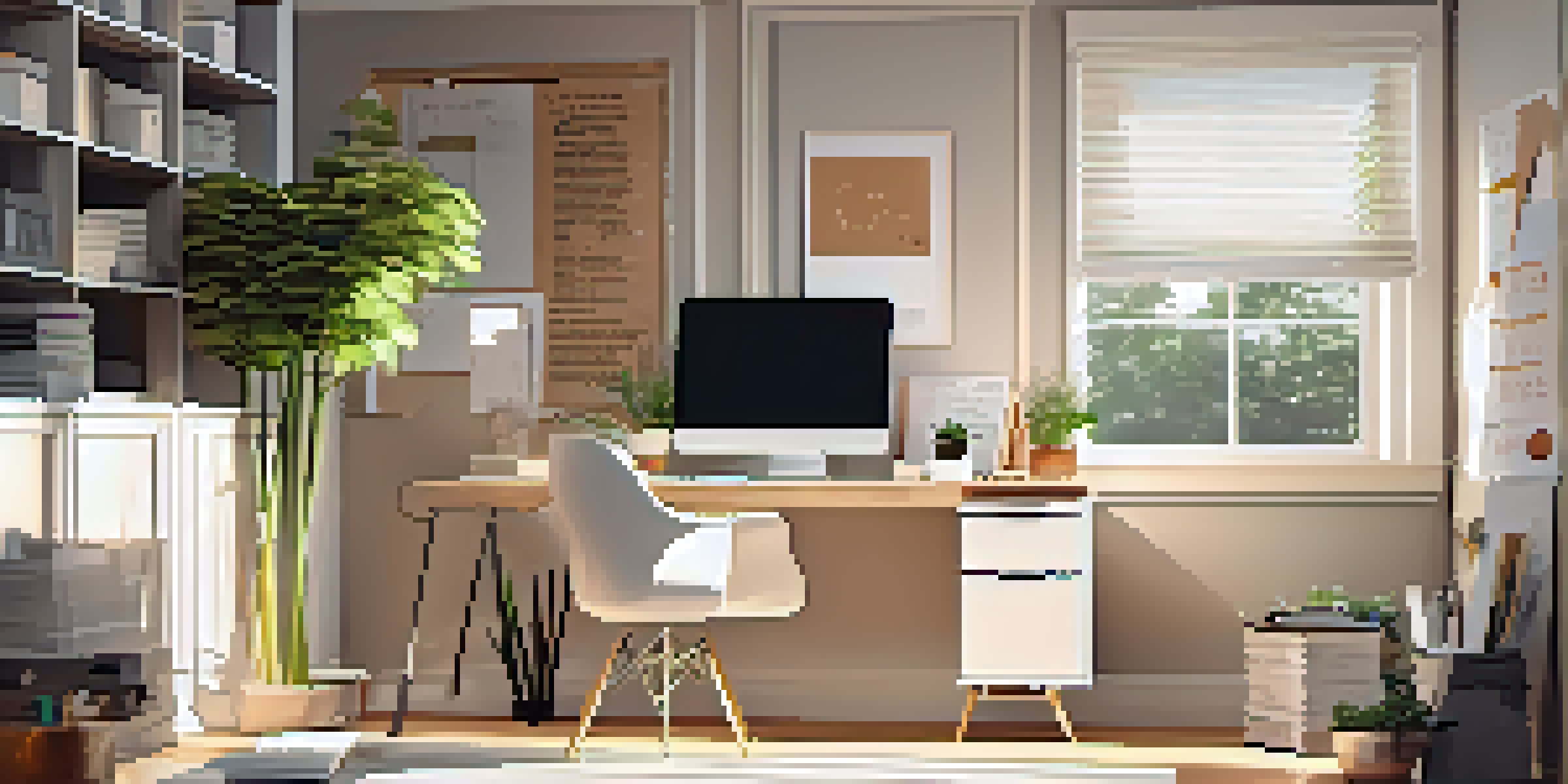 A well-organized home office with a desk, computer, and plants, filled with natural light and motivational decor.