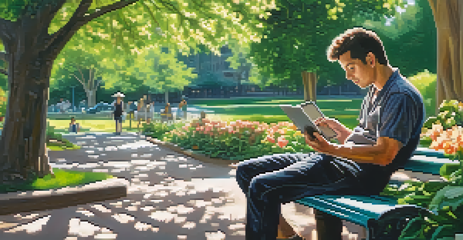 A gig worker sitting on a park bench using a tablet, surrounded by flowers and greenery.
