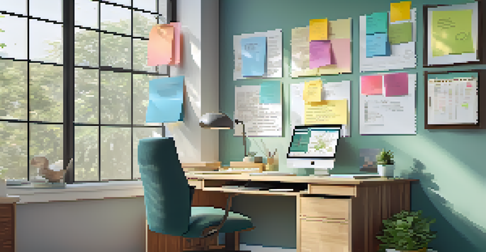 A bright and organized office space featuring a desk with a laptop and a vision board, promoting a sense of motivation and career planning.
