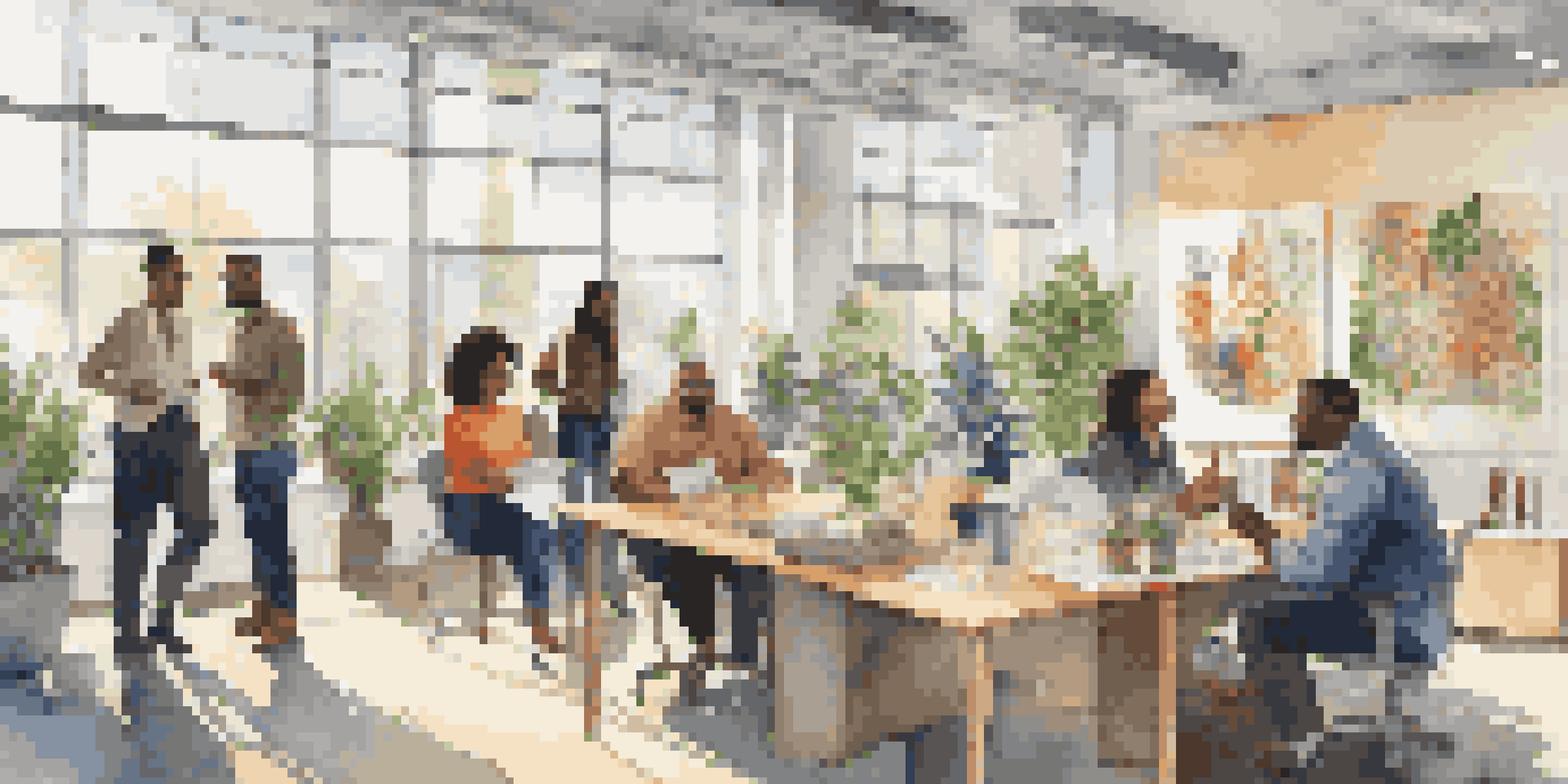 A diverse group of employees in a modern office, engaged in discussion with sunlight streaming through windows.