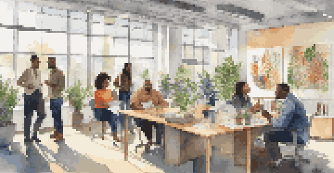 A diverse group of employees in a modern office, engaged in discussion with sunlight streaming through windows.
