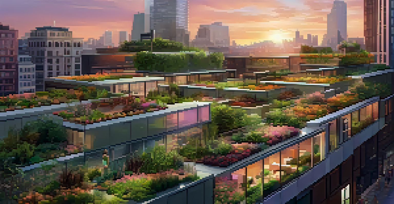 An urban skyline featuring green roofs and vertical gardens during sunset, showcasing nature in city life.